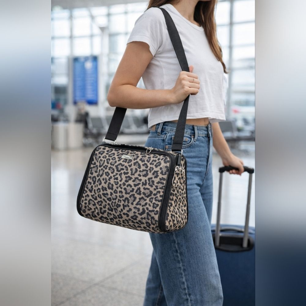 Leopard Print Crossbody Organizer Bag Adjustable Strap Multiple Compartments Tra